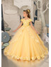 Off Shoulder Beaded Yellow 3D Lace Tulle Flower Girl Dress